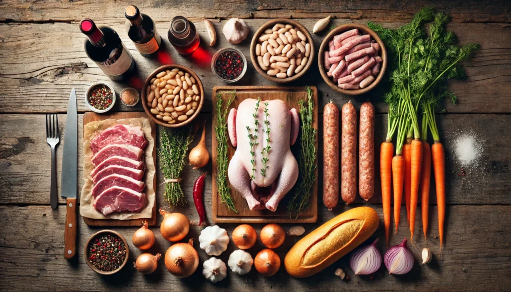 Vista superior de una mesa de madera con ingredientes frescos para cassoulet: pato confitado, panceta, salchicha de Toulouse, frijoles blancos, zanahorias, cebolla y tomillo.