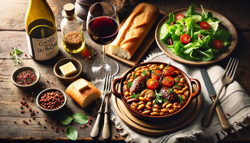 Mesa rústica con un cassoulet servido, acompañado de vino Côtes du Rhône, ensalada verde y baguette.