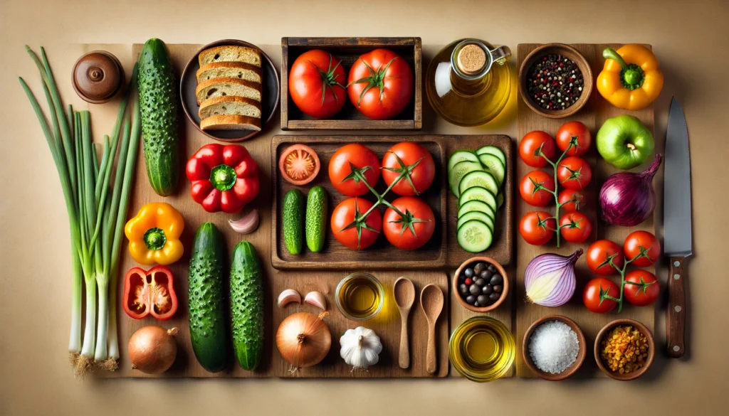 Vista superior de una mesa con los ingredientes frescos para gazpacho andaluz.