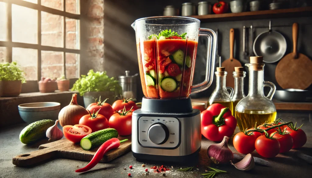 Primer plano de un vaso licuador mezclando ingredientes frescos para gazpacho andaluz.