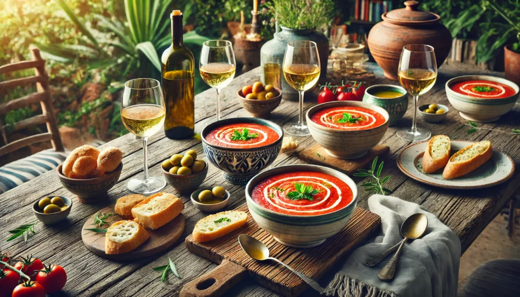 Mesa de comedor al aire libre con gazpacho andaluz servido en tazones y acompañado de vino blanco y pan.