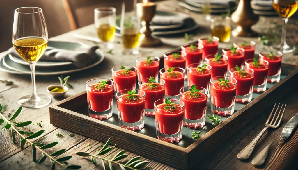 Bandeja con pequeños vasos de gazpacho andaluz decorados con aceite de oliva y hierbas frescas.