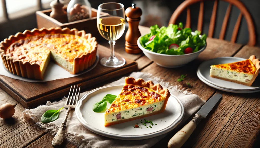 Una rebanada de Quiche Lorraine recién preparada en un plato blanco sobre una mesa rústica de madera, acompañada de una ensalada verde y una copa de vino blanco.