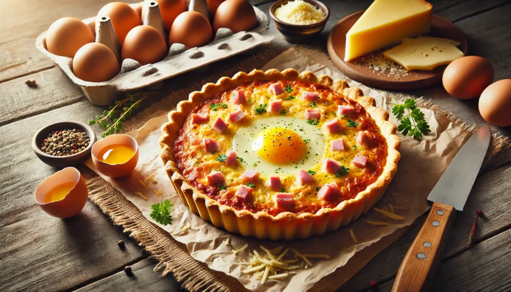 a pie with a egg and ham on it