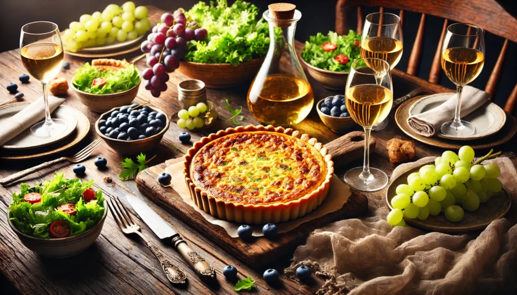 Quiche Lorraine perfectamente presentada con maridajes, incluyendo vino blanco, ensalada verde y frutas de temporada, en una mesa rústica.