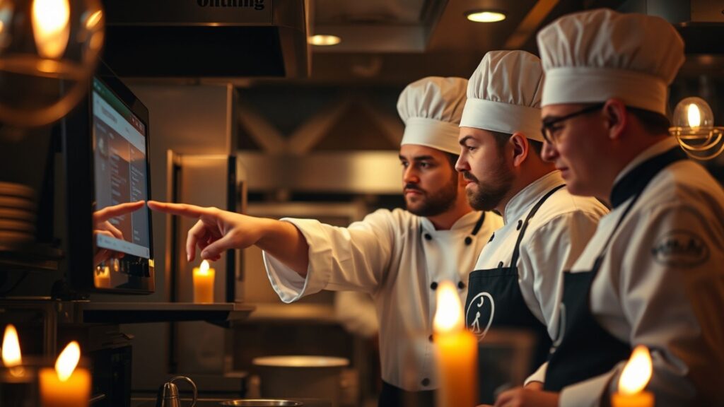 Chef ejecutivo coordinando con su equipo de cocina durante el servicio.