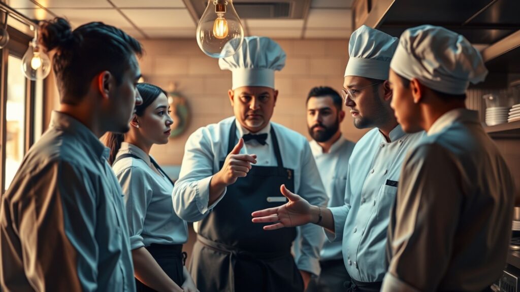 Chef motivando a su equipo en una reunión para mejorar la cultura laboral.
