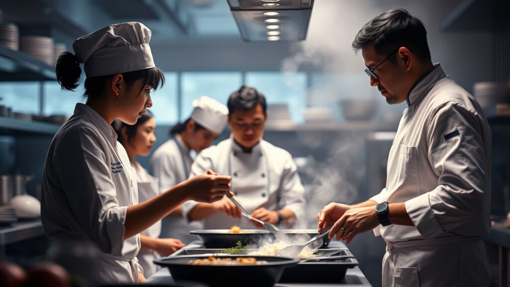 Chefs aprendiendo nuevas técnicas en una capacitación profesional.