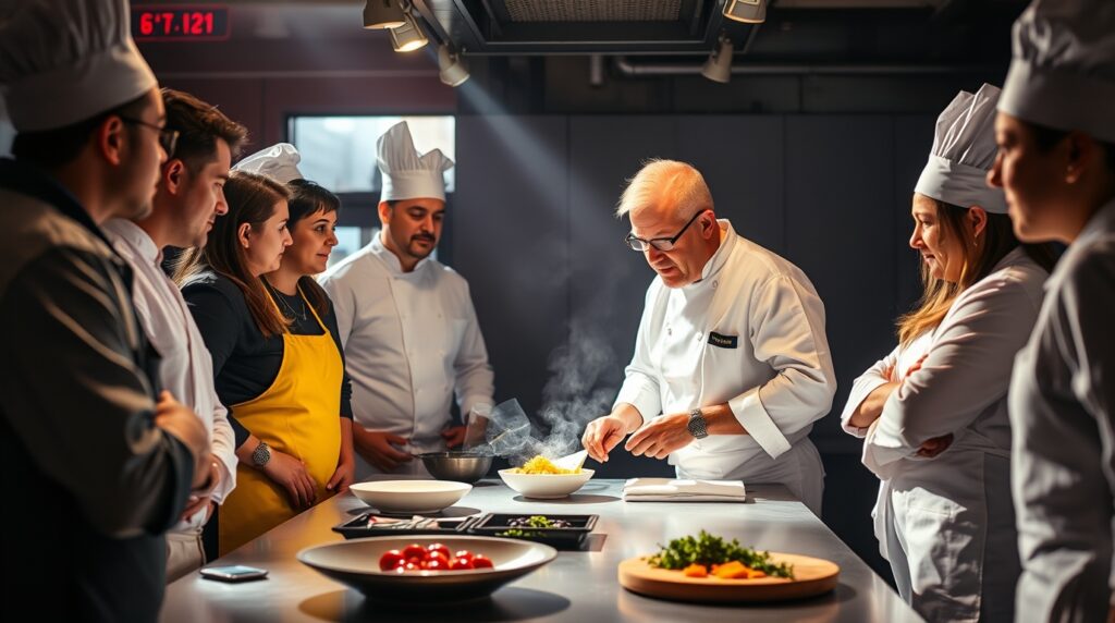 Equipo de cocina en sesión de capacitación con su chef ejecutivo.