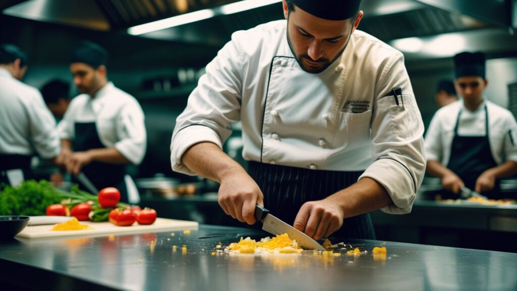 Chef evaluando la precisión técnica de un aspirante en una prueba de cocina.