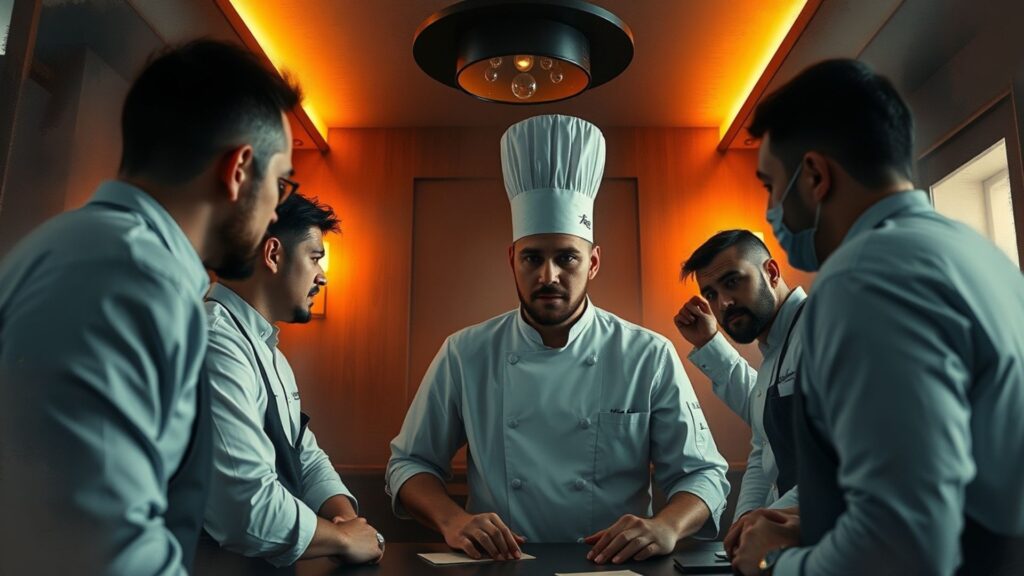 Chef ejecutivo evaluando el desempeño del equipo de cocina.