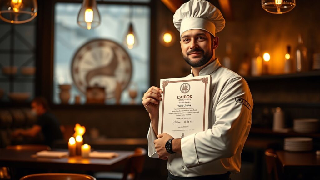 Chef con certificación CAIBOK, demostrando su crecimiento profesional.