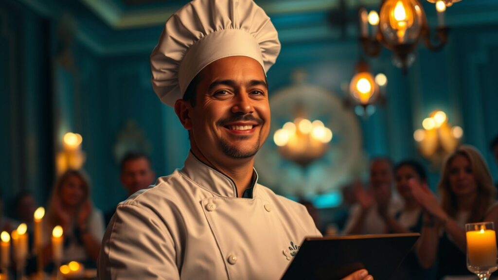 Chef siendo reconocido por su desempeño en el restaurante.