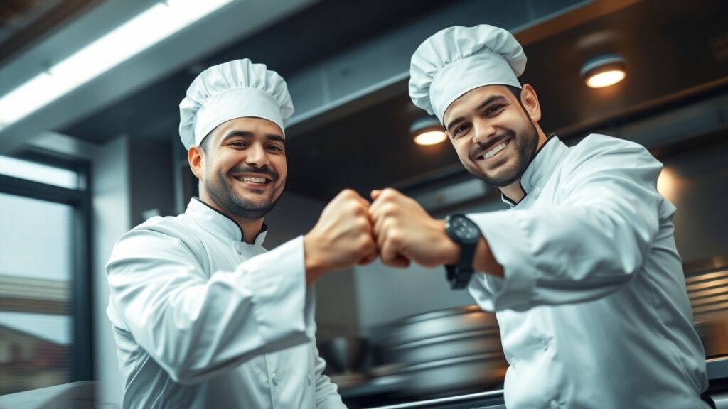 Equipo de chefs celebrando éxito tras un servicio en restaurante.