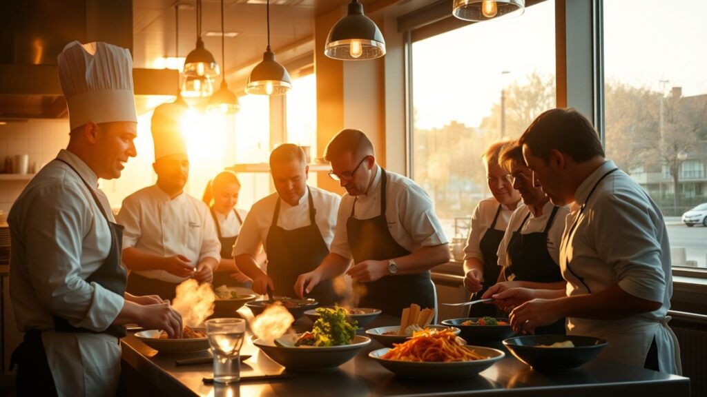 Equipo de cocina trabajando en conjunto con motivación y eficiencia.