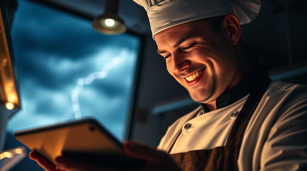 chef revisando dashboard financiero con ingresos en crecimiento