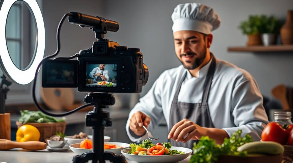 chef grabando video tutorial de cocina para posicionarse como experto