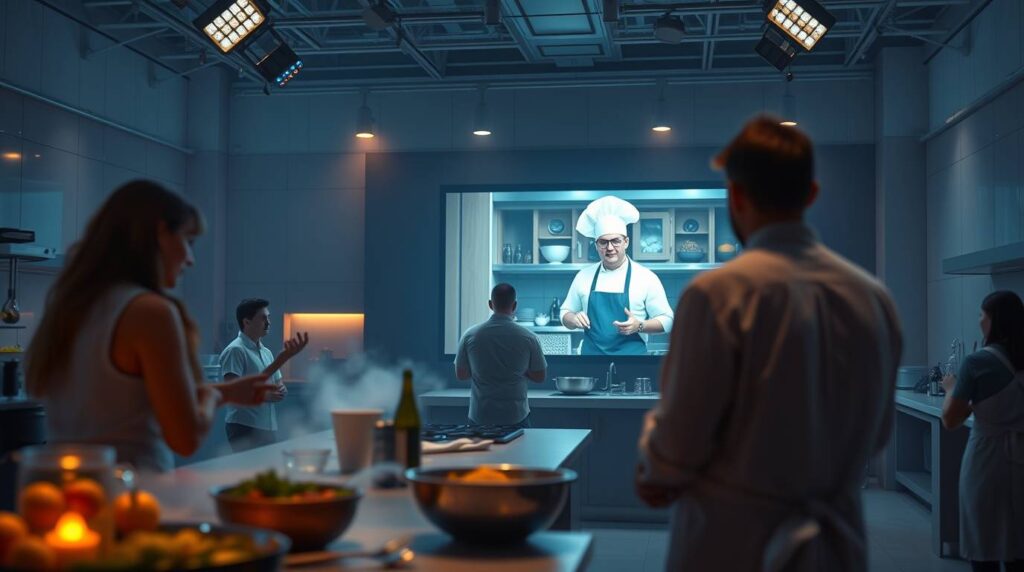 chef impartiendo clase online interactiva a estudiantes de gastronomía