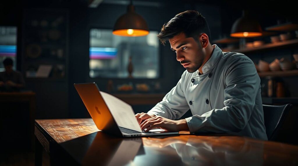 chef analizando plan de carrera culinaria en portátil y cuaderno