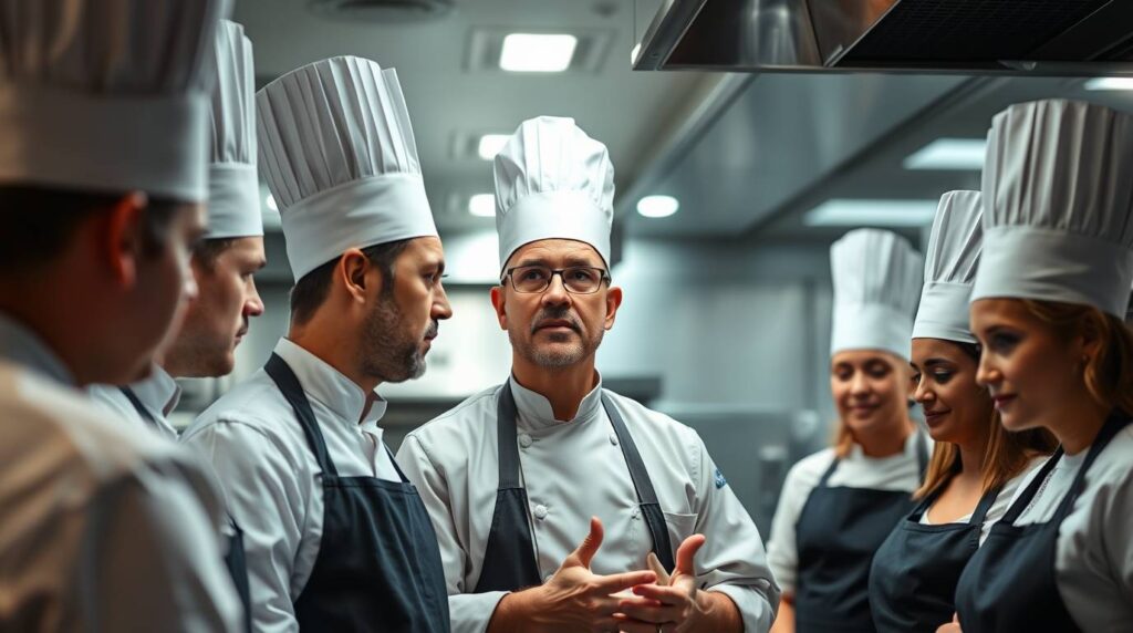 Chef lidera equipo en briefing — éxito profesional chef