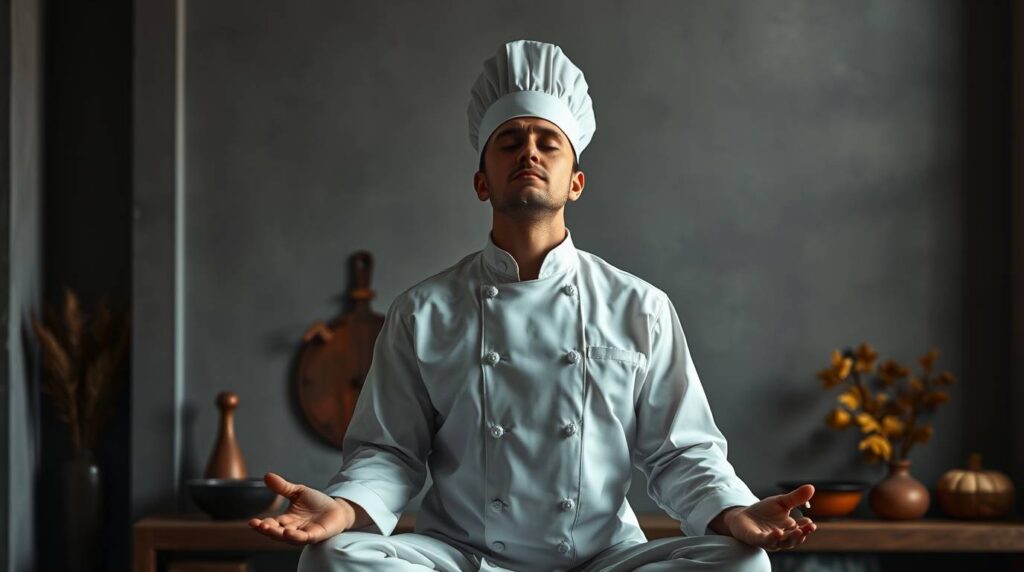 Chef meditando para mentalidad ganadora — éxito profesional chef