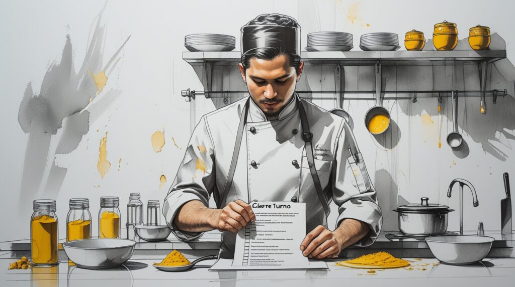chef cerrando turno con checklist final de porciones, báscula y SOP listos para el siguiente servicio