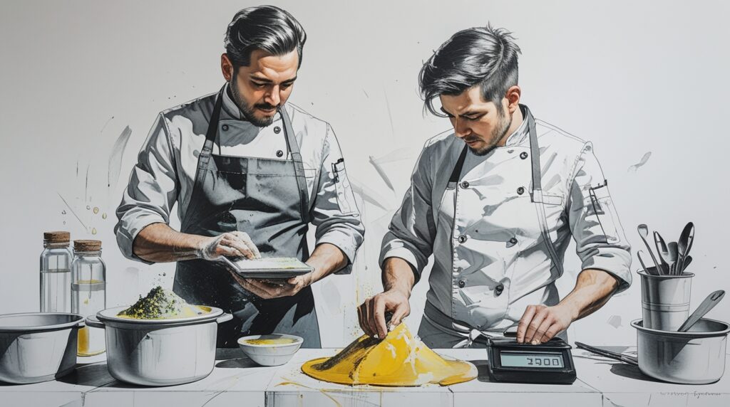 chef calculando factor de escalado de receta con báscula, calculadora y mise en place pesado