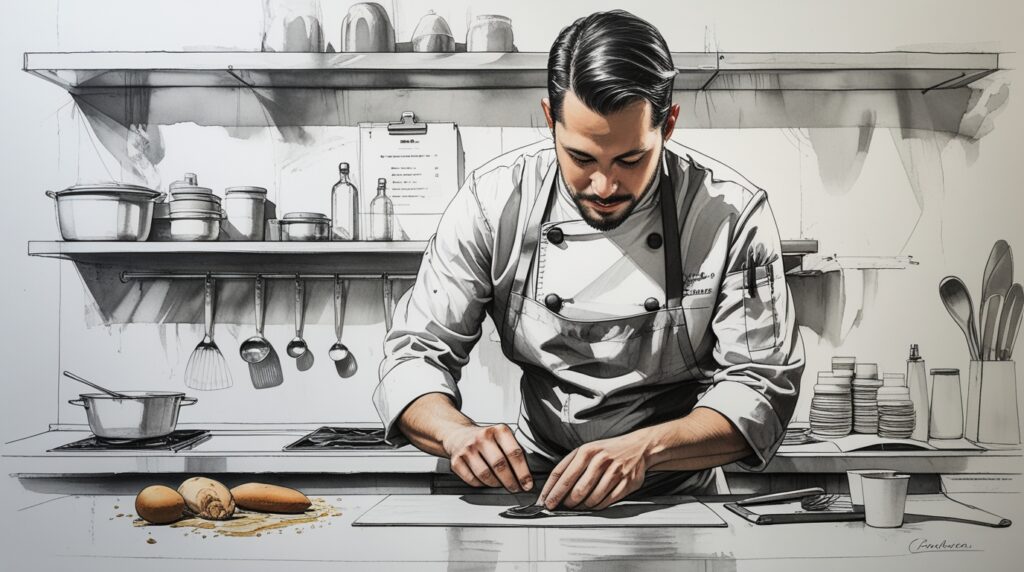 chef revisando KPIs de rendimiento, merma y variación por porción con portapapeles y control de producción