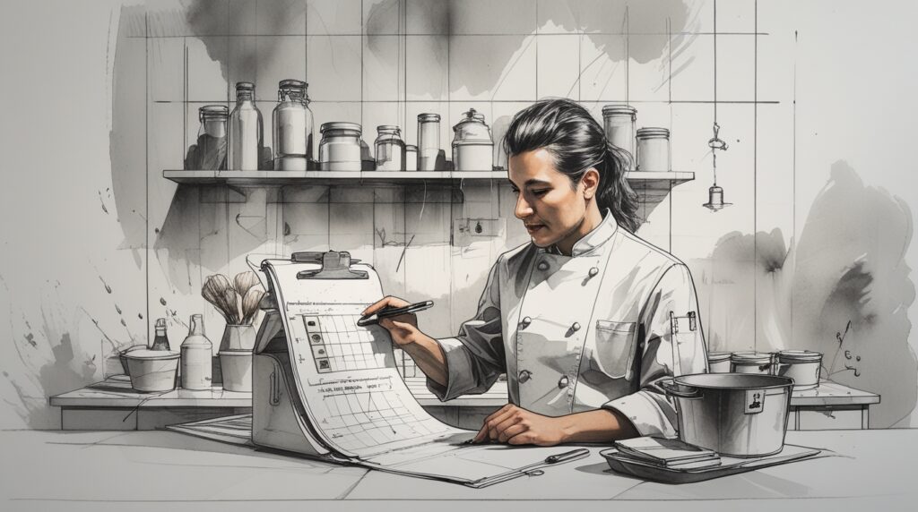 chef revisando KPIs de rendimiento, merma y variación por porción con portapapeles y control de producción