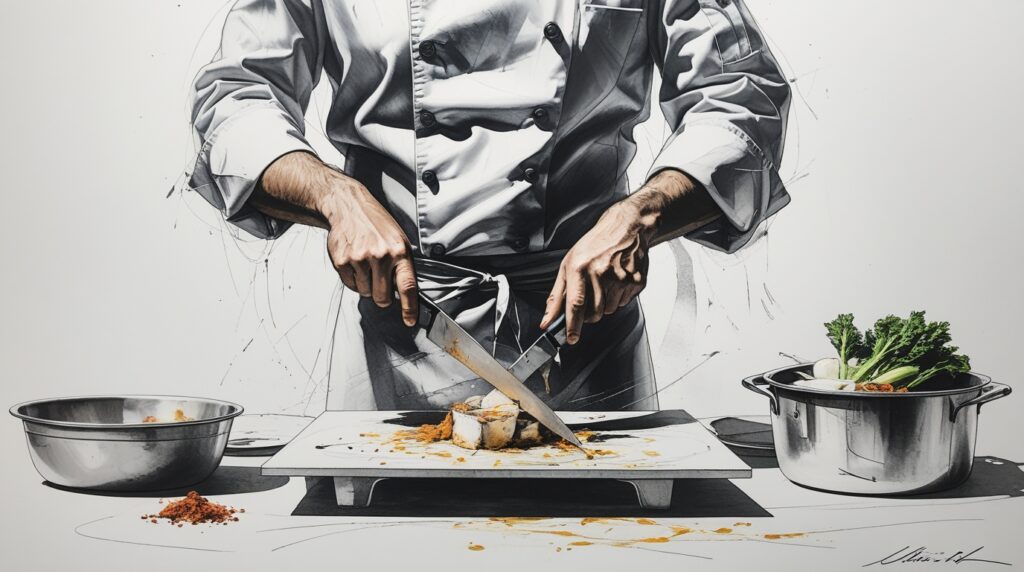 Chef calculando mermas y rendimiento pesando recortes y producto limpio para porcionado real en cocina profesional.