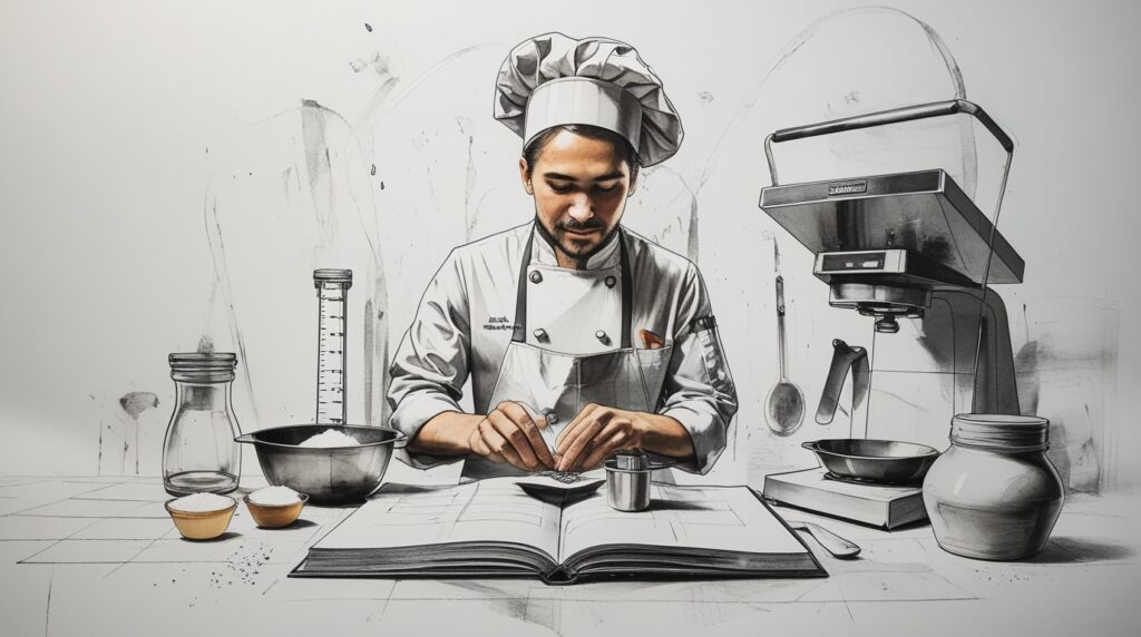 Chef escalando una receta con báscula y bandejas porcionadas para multiplicar raciones sin perder consistencia.