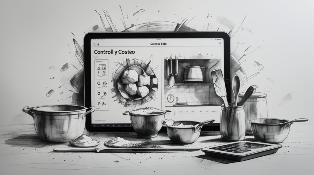 Chef calculando costeo con ficha técnica, báscula y tablet para convertir medidas culinarias en control de costos.