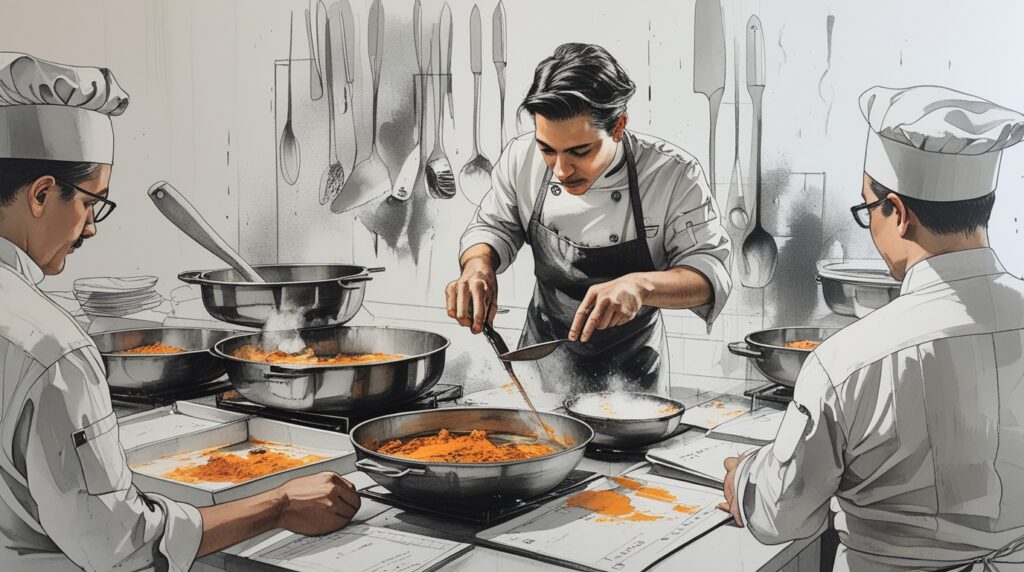 Chef escalando una receta con báscula y bandejas porcionadas para multiplicar raciones sin perder consistencia.