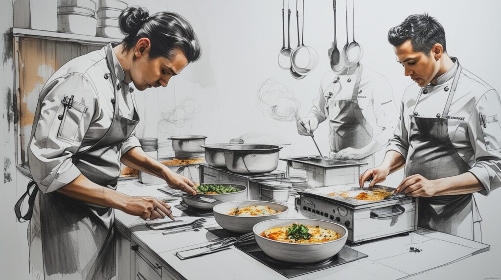 Chef organizando mise en place y producción por lotes con báscula y jarras medidoras para mantener consistencia en cocina profesional.