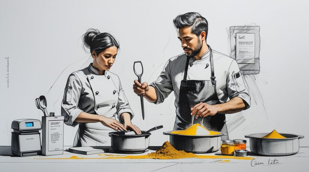 Chef mostrando resultados del equipamiento profesional en la rentabilidad del restaurante