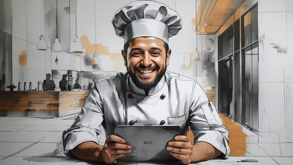 Chef usando herramientas digitales en restauración moderna