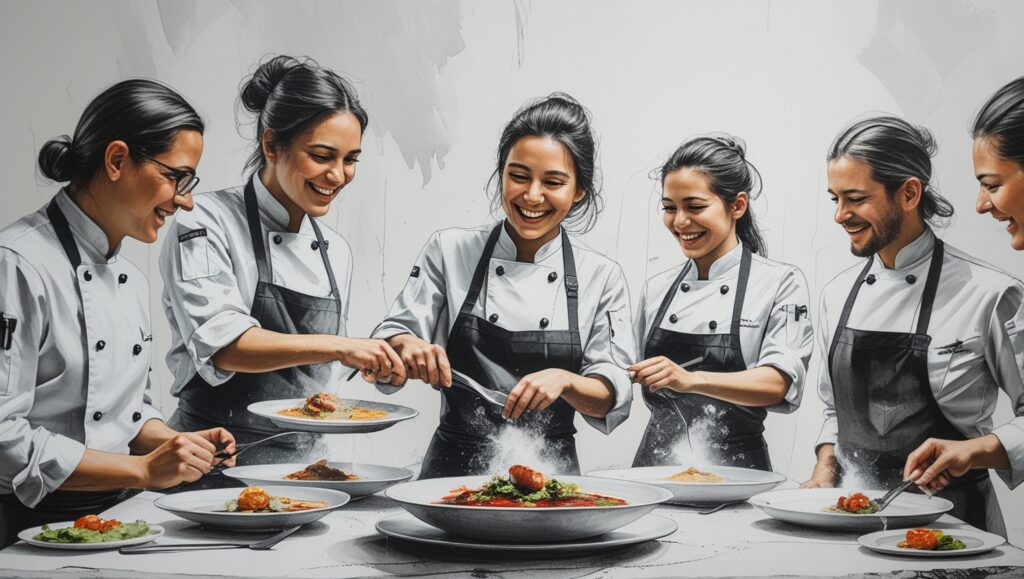 Equipo de chefs estandarizando platos en restauración profesional