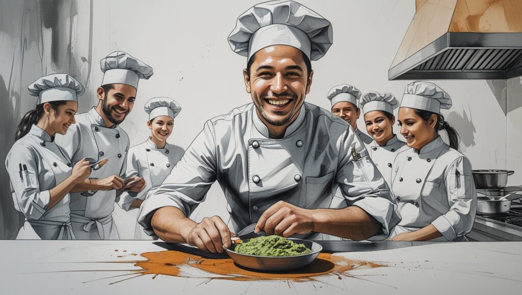 Chef en formación profesional de restauración avanzando en cocina moderna