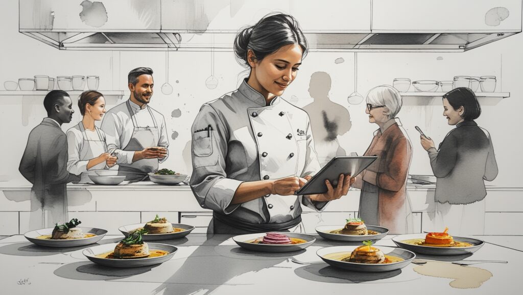Restauración y fidelización de clientes con chef gestionando seguimiento desde el móvil