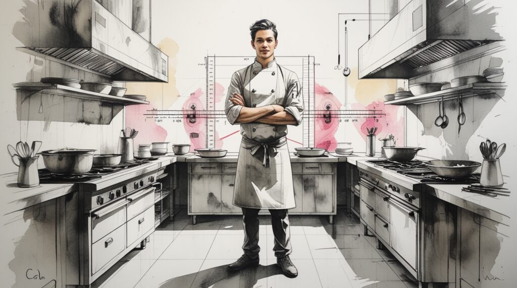 Chef trabajando con equipamiento organizado para mejorar el flujo de trabajo en restaurante