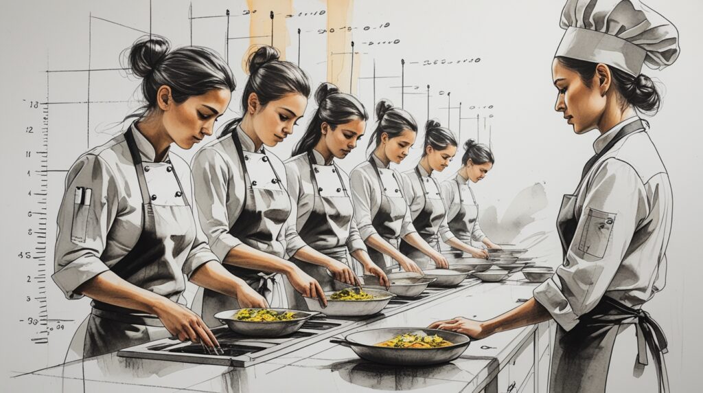 Chef coordinando equipamiento y operación gastronómica en una cocina profesional exigente