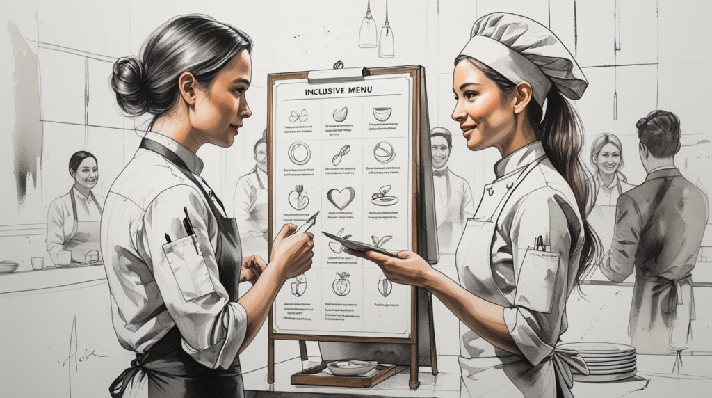 chef enseñando técnica culinaria a su equipo en cocina profesional