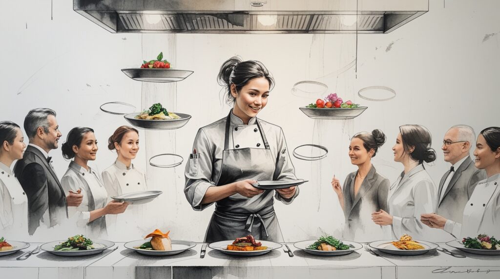 chef y equipo celebrando un servicio exitoso en cocina profesional