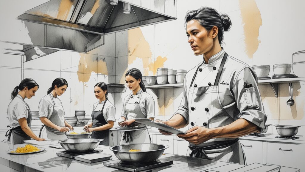 chef organizando estaciones antes del servicio en una cocina profesional