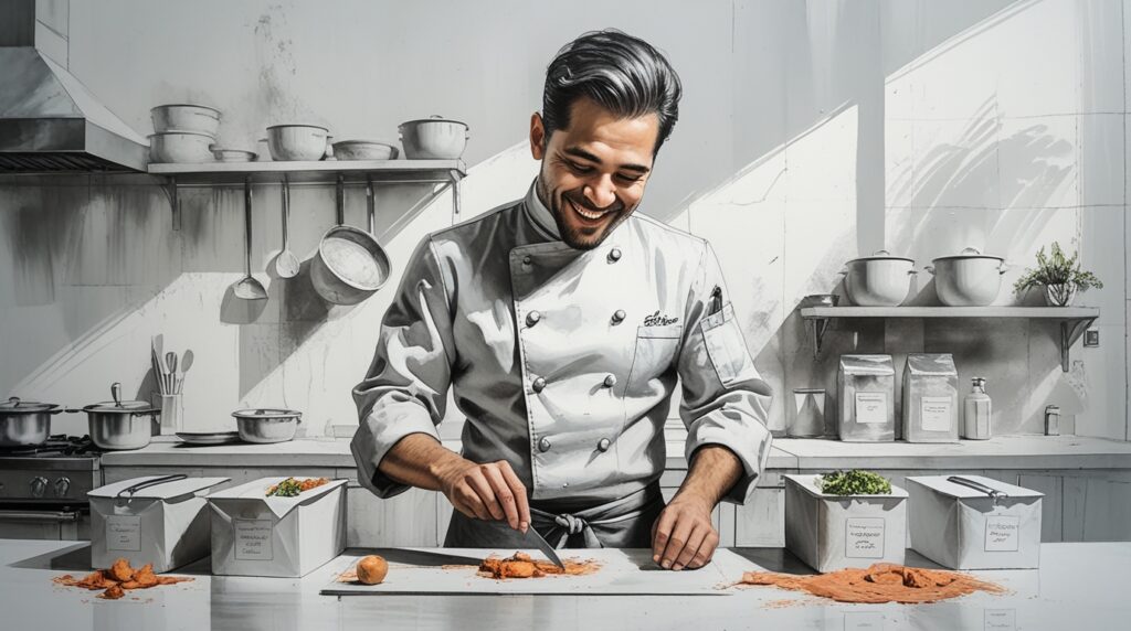 Chef organizando niveles de stock en inventario de cocina profesional
