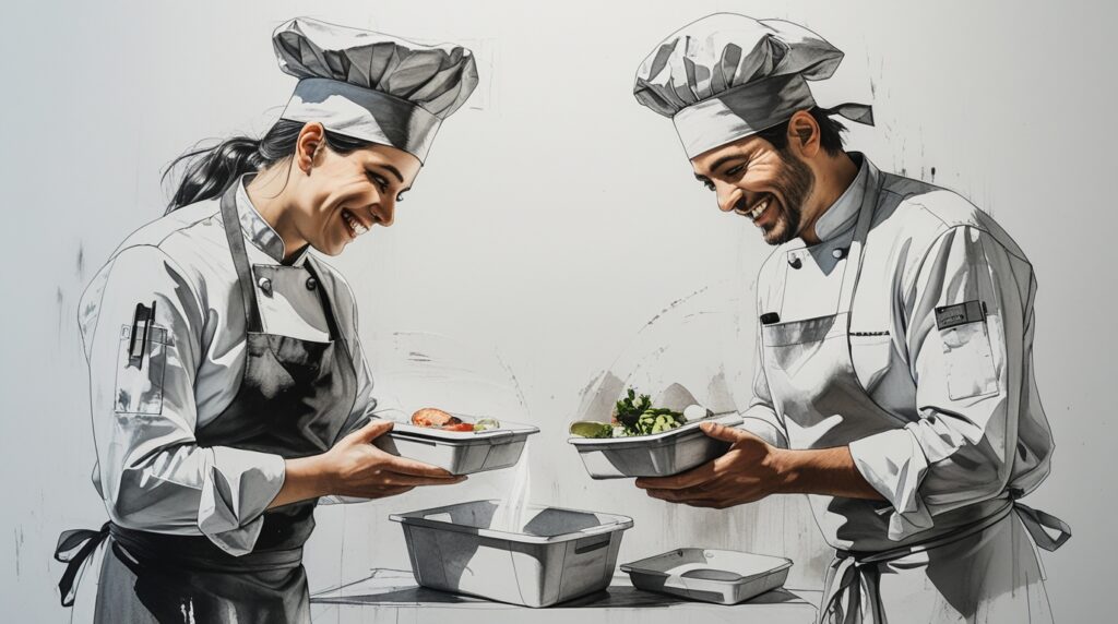 Chef revisando categorías de productos en inventario de cocina profesional