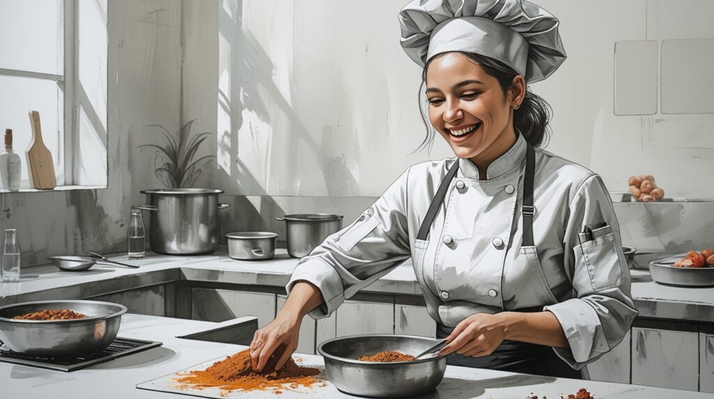 Chef controlando porciones y consumo en inventario de cocina profesional