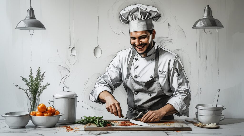 Chef entremetier coordinando guarniciones con la brigada de cocina durante un servicio profesional