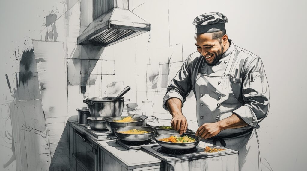 Chef entremetier demostrando precisión, orden y técnica en su estación de cocina profesional