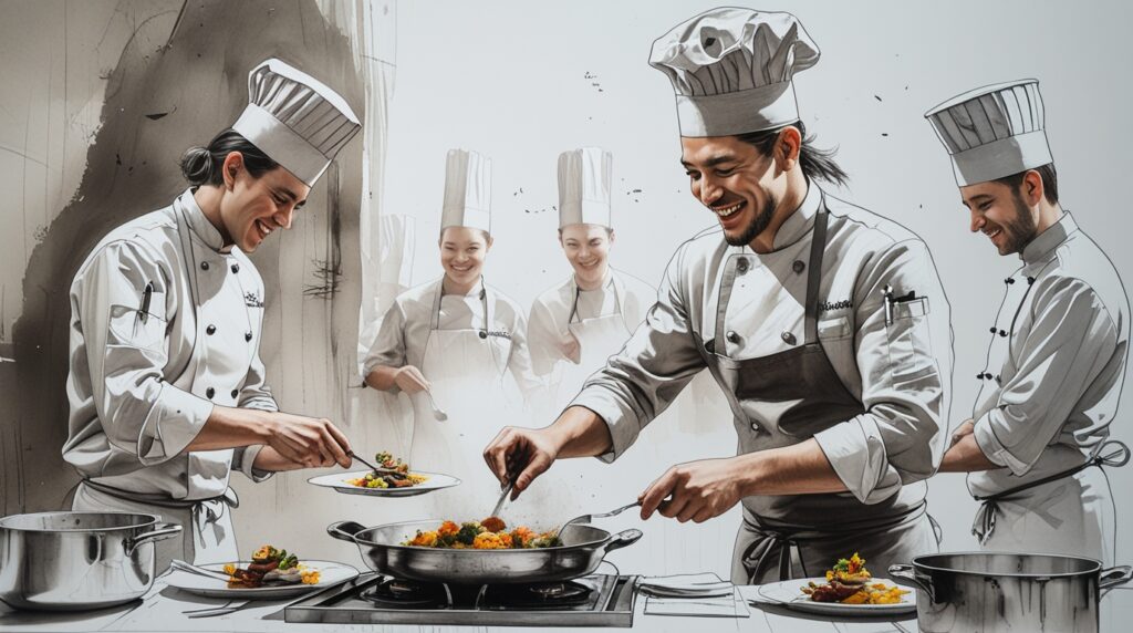 Chef entremetier satisfecho al final del servicio en cocina profesional bien organizada